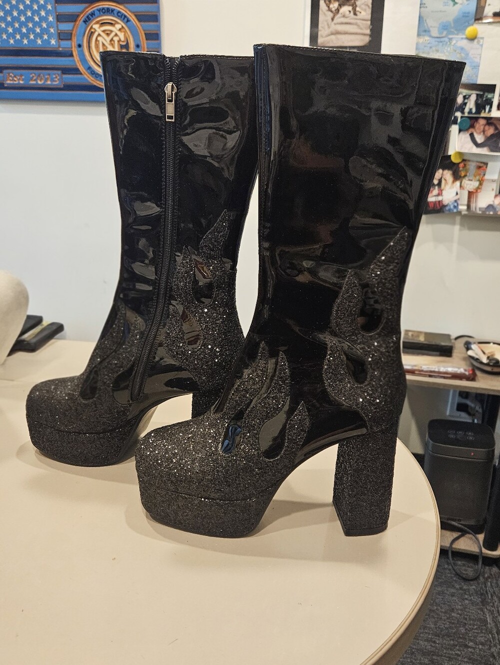 Dolls KILL Black Glitter Patent Platform Glitter Flame Boots